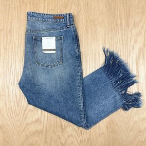 NWT Womens Pilcro Letterpress x Anthropologie Hyphen Boy Fit Fringe Hem Jeans 32
